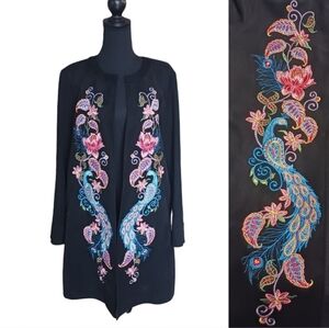 ADORE Peacock Floral Embroidered Open Front Duster Jacket